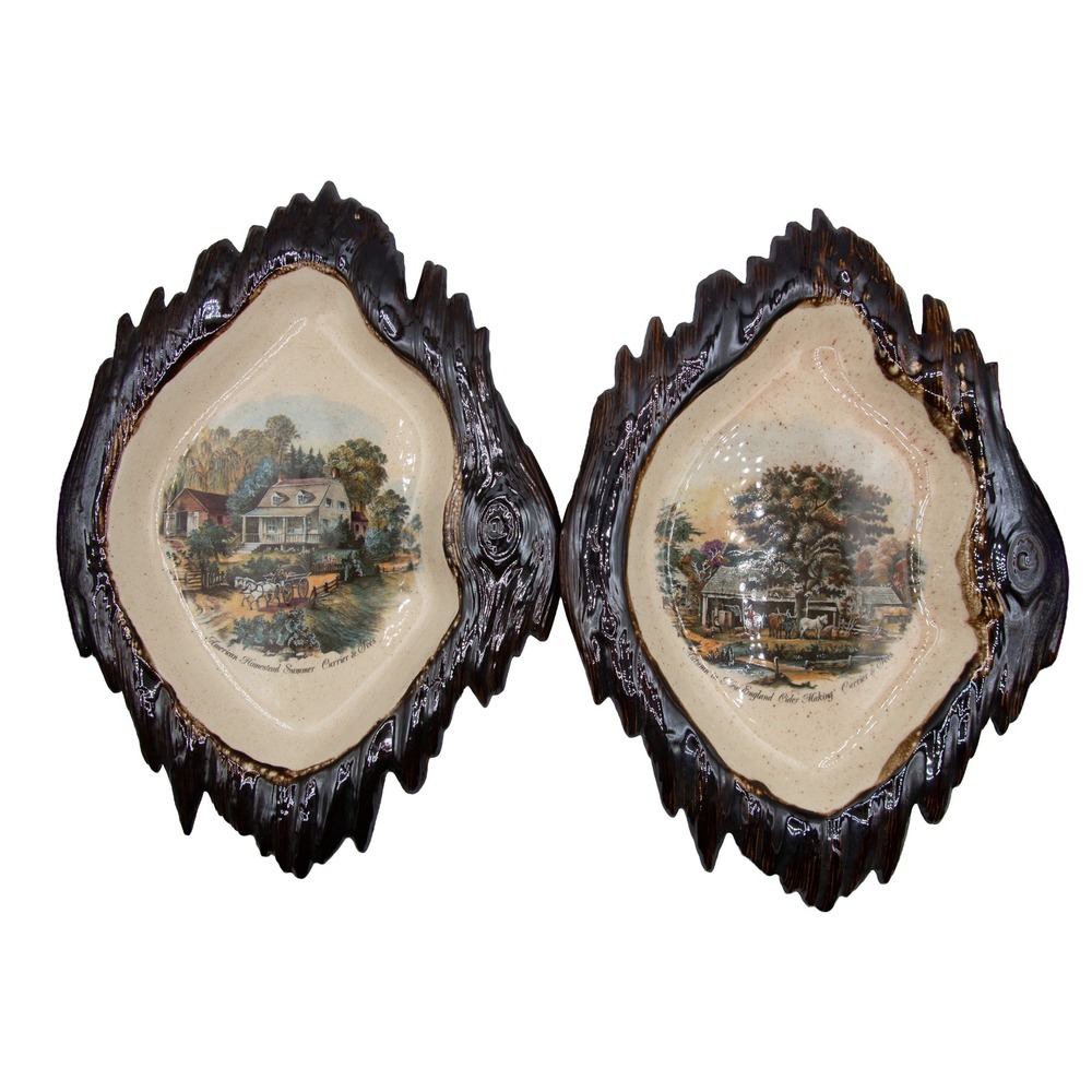 Vintage Currier & Ives Scenic Ceramic Wall Plaque‎ Set Faux Wood Pottery